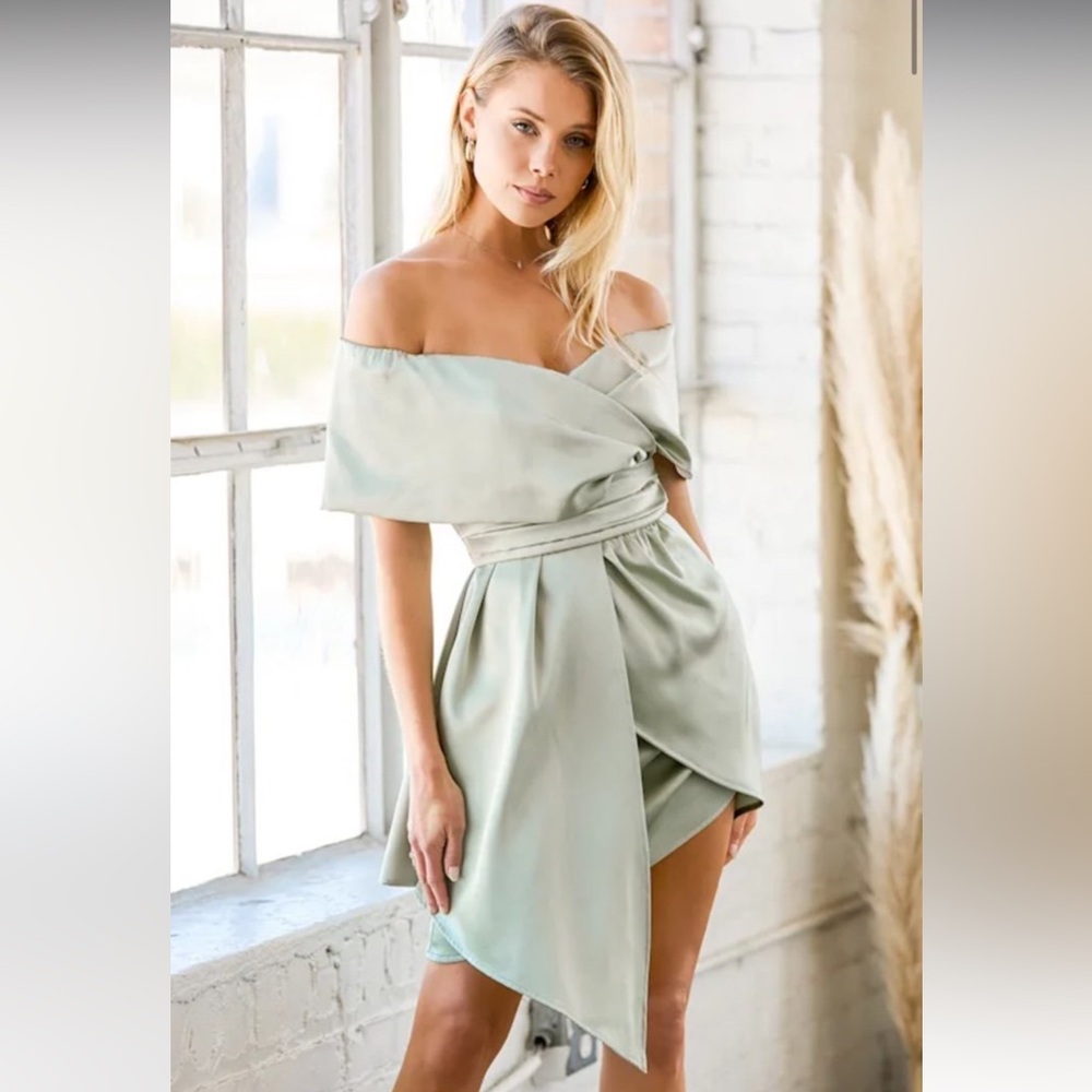 Off-Shoulder Sage Green Wrap Dress